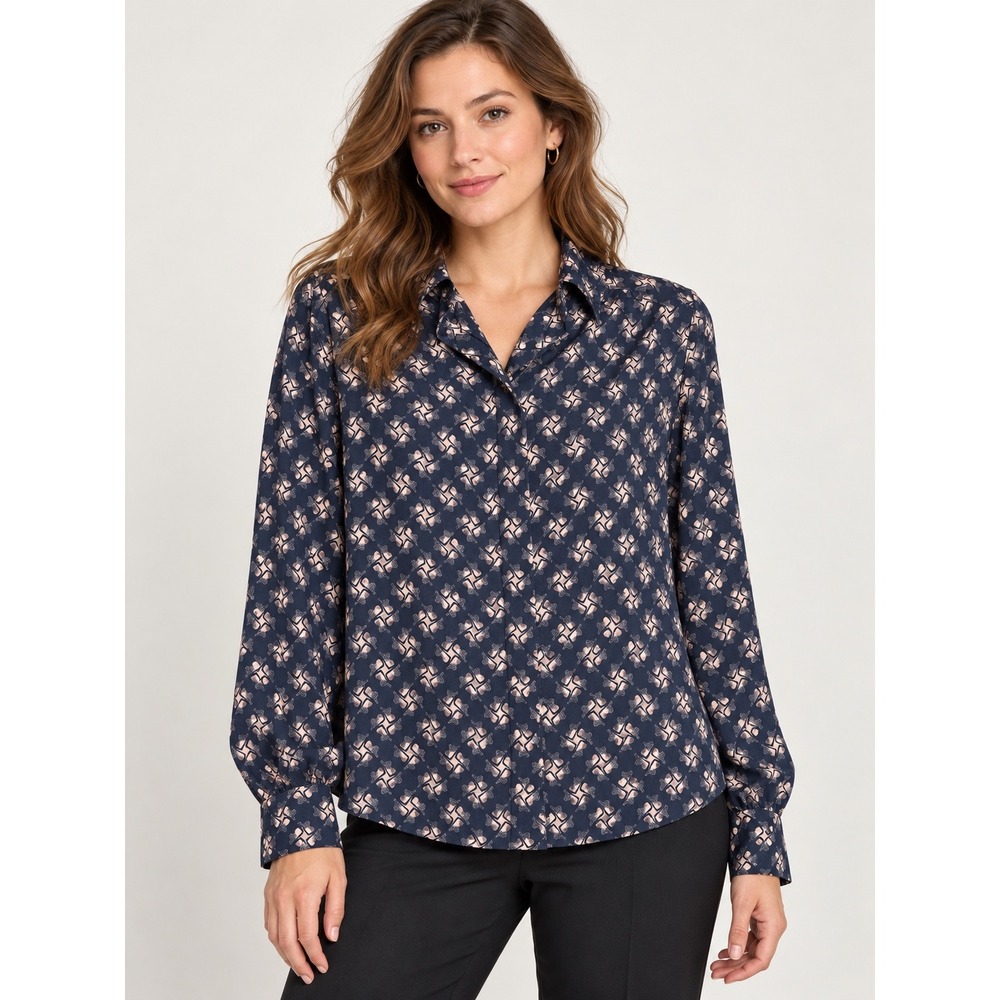 Country Sophisticates Pendleton Navy Pink Geometric Jacquard Blouse Size 8